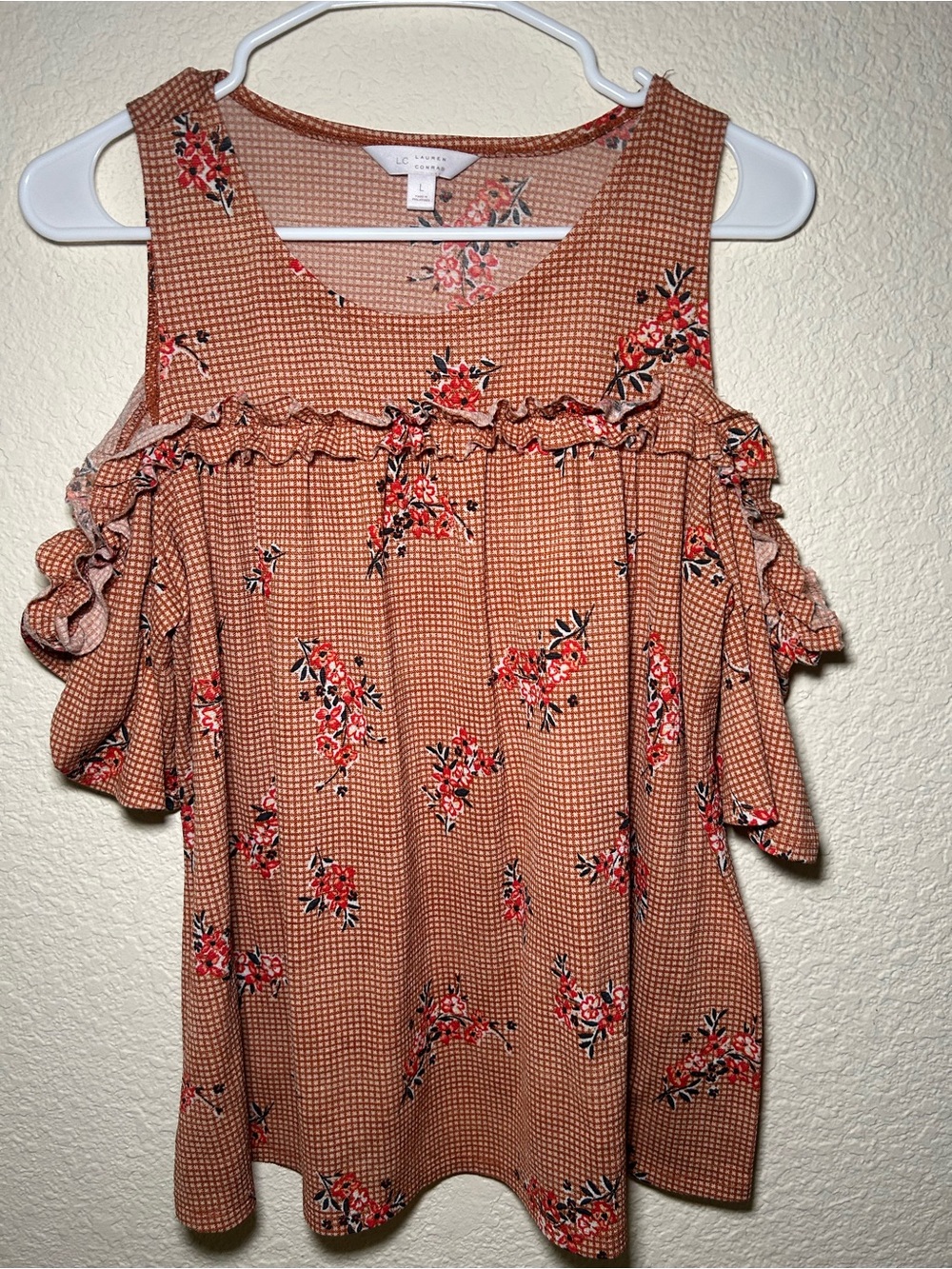 LC Lauren Conrad Rust Floral Cold-Shoulder Blouse Fall Girly Country Festival